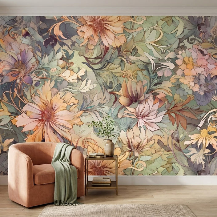 Art Nouveau Pastel Çiçekler Desenli Duvar Kağıdı – Şeftali ve Adaçayı Tonlar