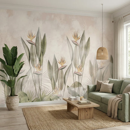 Pastel Kuş Cenneti Çiçeği Soft Tropikal Botanik Yeşil Duvar Kağıdı