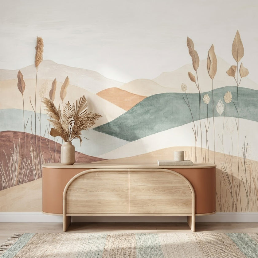 Boho Soyut Manzara Tepeler Pampas Otu Pastel Duvar Kağıdı