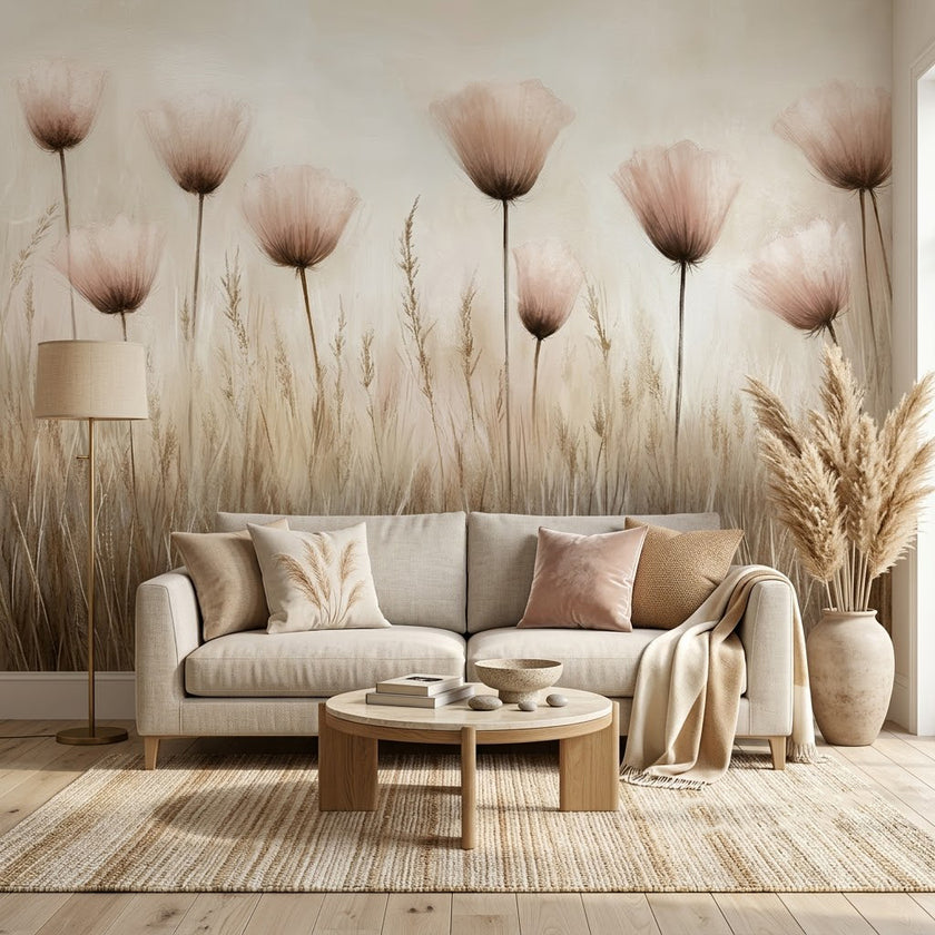 Soft Pastel Haşhaş Tarlası Botanik Rüya Çiçek Bej Ton Duvar Kağıdı