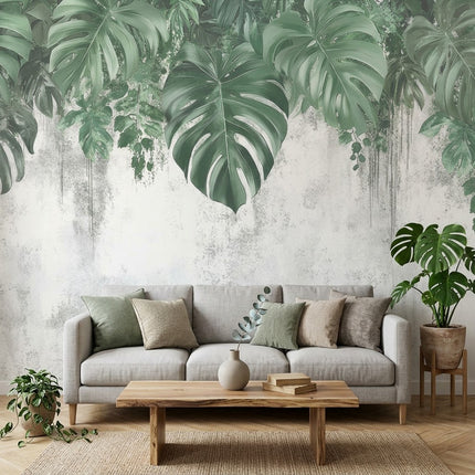 Monstera Tropikal Yaprak Orman Yaprakları Duvar Soft Yeşil Duvar Kağıdı