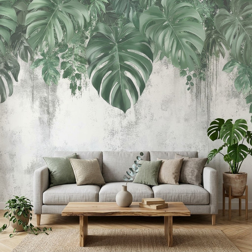 Monstera Tropikal Yaprak Orman Yaprakları Duvar Soft Yeşil Duvar Kağıdı