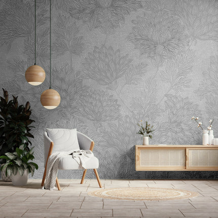 Gümüş Kabartmalı Şakayık Pastel Beyaz Çiçek Botanik Gri Duvar Kağıdı