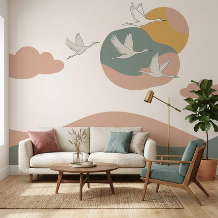 Boho Soyut Turna Kuşları Pastel Gün Batımı Tepeleri Uçan Kuşlar Duvar Kağıdı