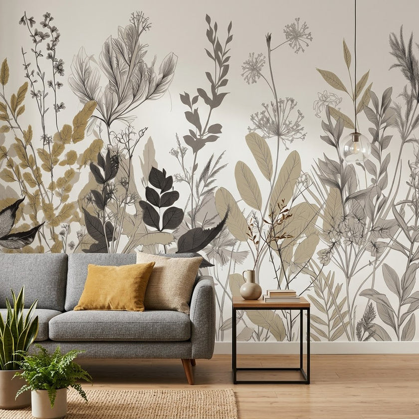 Soft Botanik Yabani Çiçek Nötr Gri Bej Kurutulmuş Yaprak Çizim Duvar Kağıdı