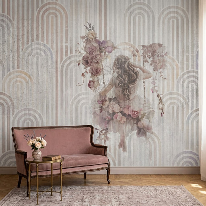 Vintage Romantik Salıncakta Kız Pastel Çiçekli Art Deco Kemer Duvar Kağıdı