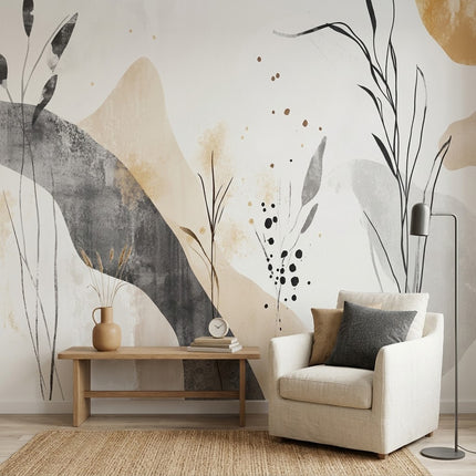 Boho Soyut Botanik Pastel Bej Siyah Organik Şekiller Yaprak Duvar Kağıdı