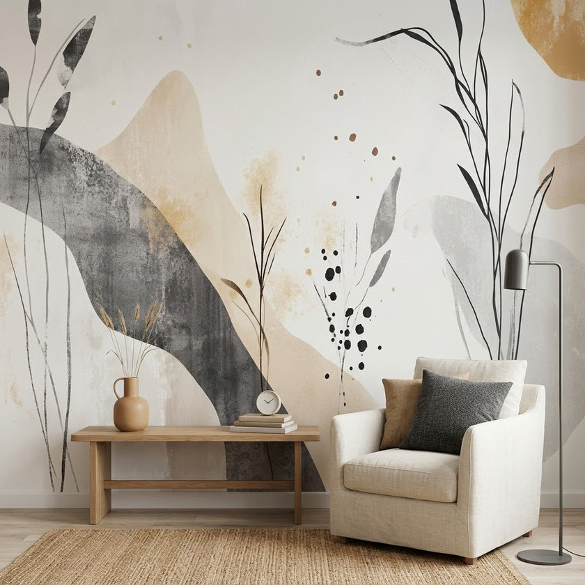 Boho Soyut Botanik Pastel Bej Siyah Organik Şekiller Yaprak Duvar Kağıdı