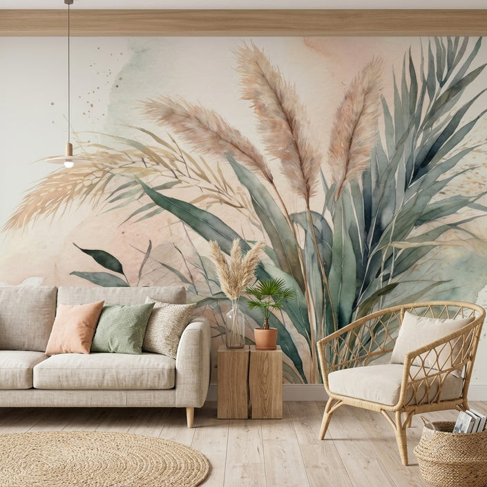 Boho Pampas Otu Okaliptüs Pastel Soft Botanik Yaprak Yeşil Bej Duvar Kağıdı