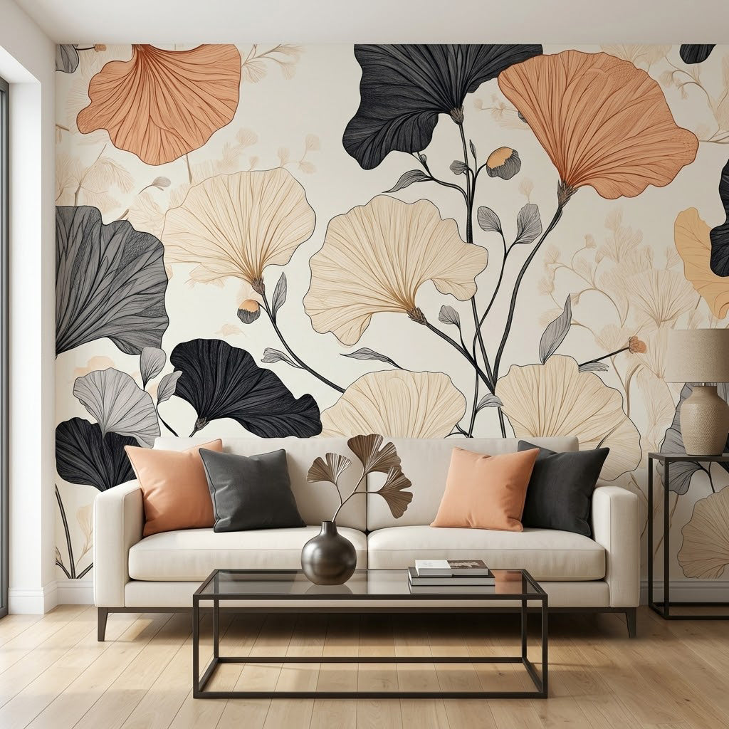 Boho Ginkgo Yaprak Botanik Desen Pastel Bej Siyah Duvar Kağıdı