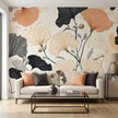 Boho Ginkgo Yaprak Botanik Desen Pastel Bej Siyah Duvar Kağıdı