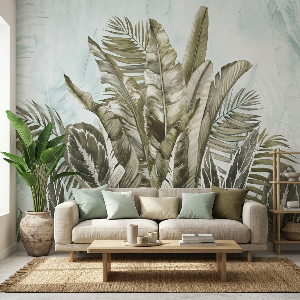 Soft Tropikal Orman Yaprak Botanik Pastel Adaçayı Yeşili Duvar Kağıdı