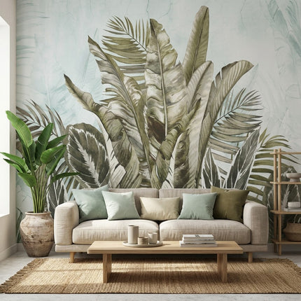 Soft Tropikal Orman Yaprak Botanik Pastel Adaçayı Yeşili Duvar Kağıdı