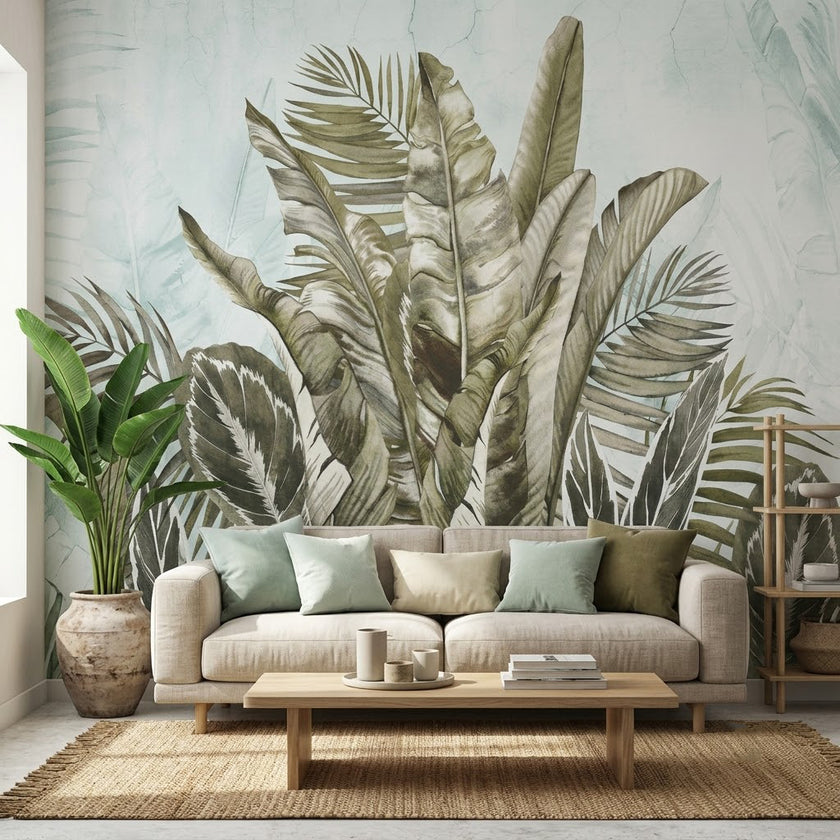 Soft Tropikal Orman Yaprak Botanik Pastel Adaçayı Yeşili Duvar Kağıdı