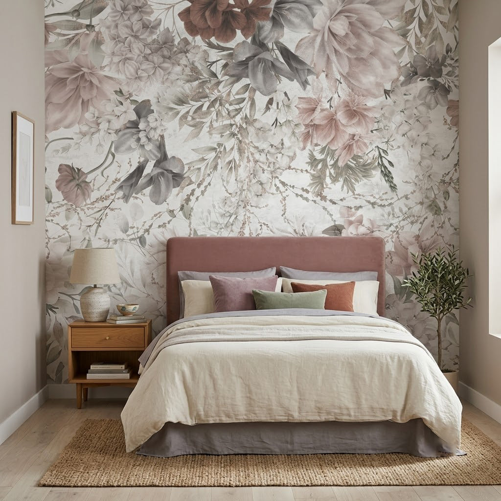 Çiçekli Gül Şakayık Botanik Soft Pastel Bej Ton Duvar Kağıdı