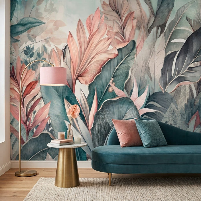 Soft Pastel Tropikal Yaprak Botanik Orman Turkuaz Pembe Duvar Kağıdı
