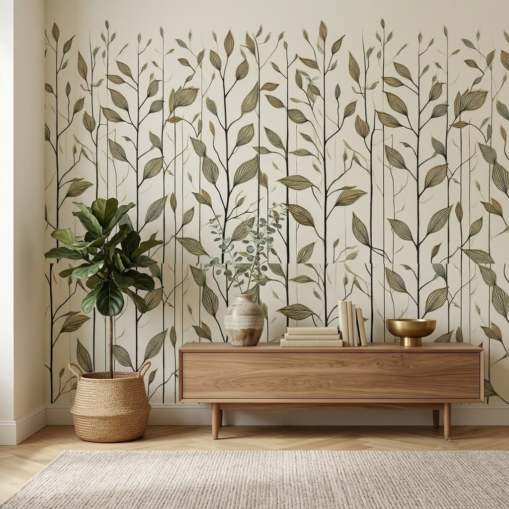 Minimalist Yaprak Dalları Nötr Çizgi Sanat Botanik Soft Bej Duvar Kağıdı