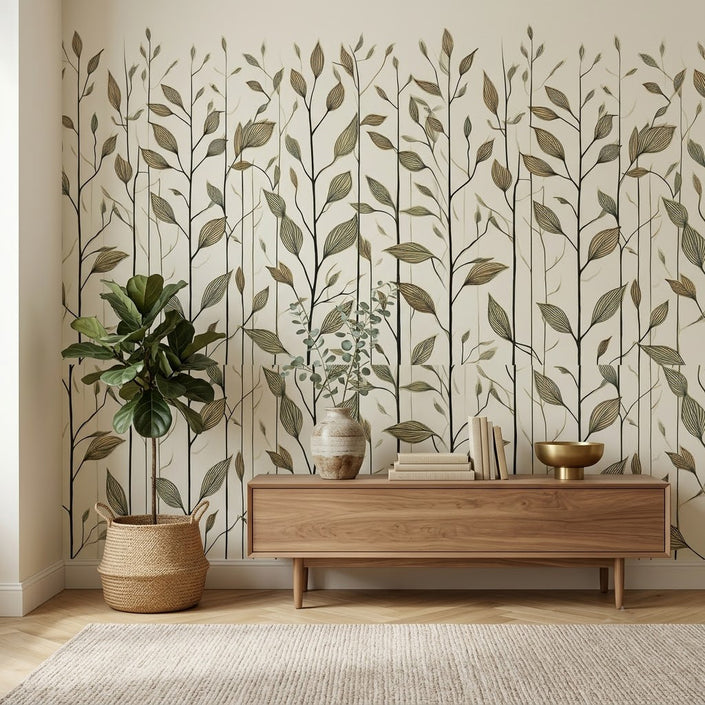 Minimalist Yaprak Dalları Nötr Çizgi Sanat Botanik Soft Bej Duvar Kağıdı