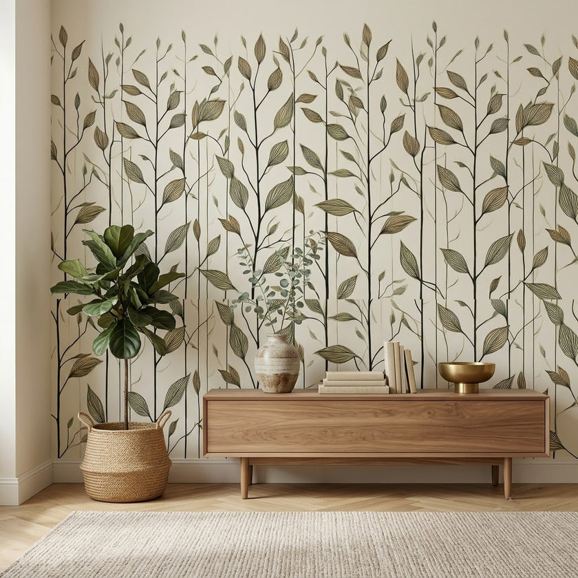 Minimalist Yaprak Dalları Nötr Çizgi Sanat Botanik Soft Bej Duvar Kağıdı