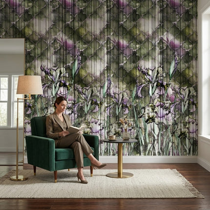 Süsen Çiçekleri Damask Botanik Soft Mor Yeşil Duvar Kağıdı
