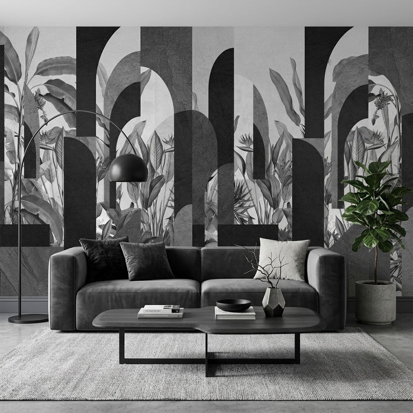 Tropikal Geometrik Kemer Orman Yaprağı Monokrom Siyah Beyaz Duvar Kağıdı