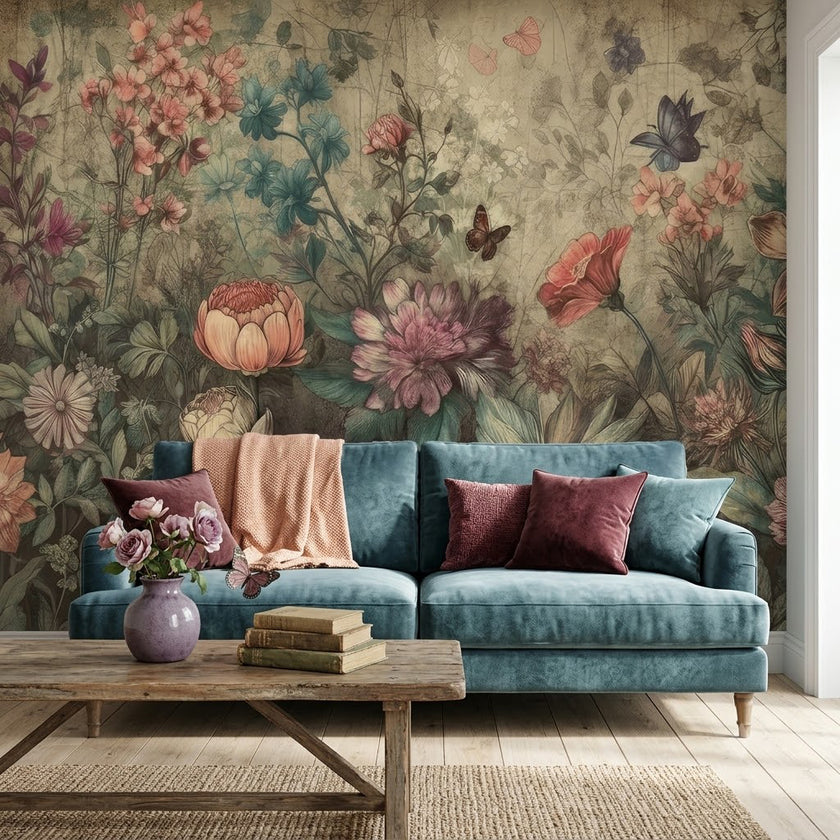 Soft Vintage Pastel Çiçek Bahçesi Zarif Shabby Chic Şakayık Kelebek Tonlar Duvar Kağıdı