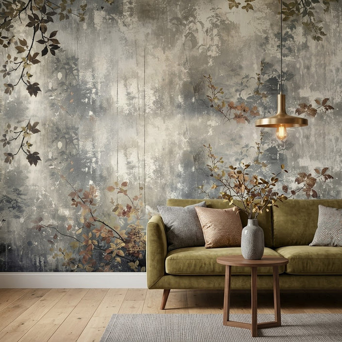 Soft Bej Wabi-Sabi Yaprak Dalları Nötr Duvar Görünümlü Botanik Gri Duvar Kağıdı
