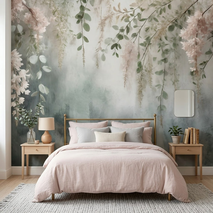 Sarkan Wisteria Çiçekleri Rüya Gibi Çiçek Kaskadı Soft Yeşil Pastel Bej Duvar Kağıdı