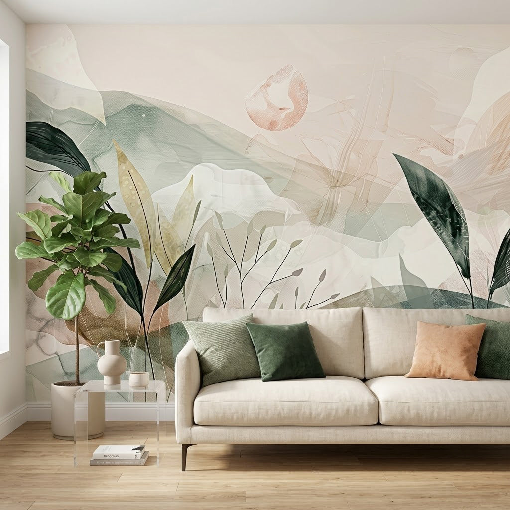 Boho Soyut Dağ Yaprakları Nötr Pastel Gün Batımı Botanik Soft Bej Duvar Kağıdı