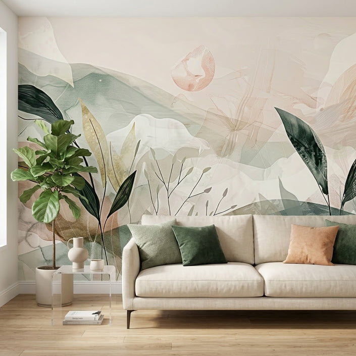 Boho Soyut Dağ Yaprakları Nötr Pastel Gün Batımı Botanik Soft Bej Duvar Kağıdı