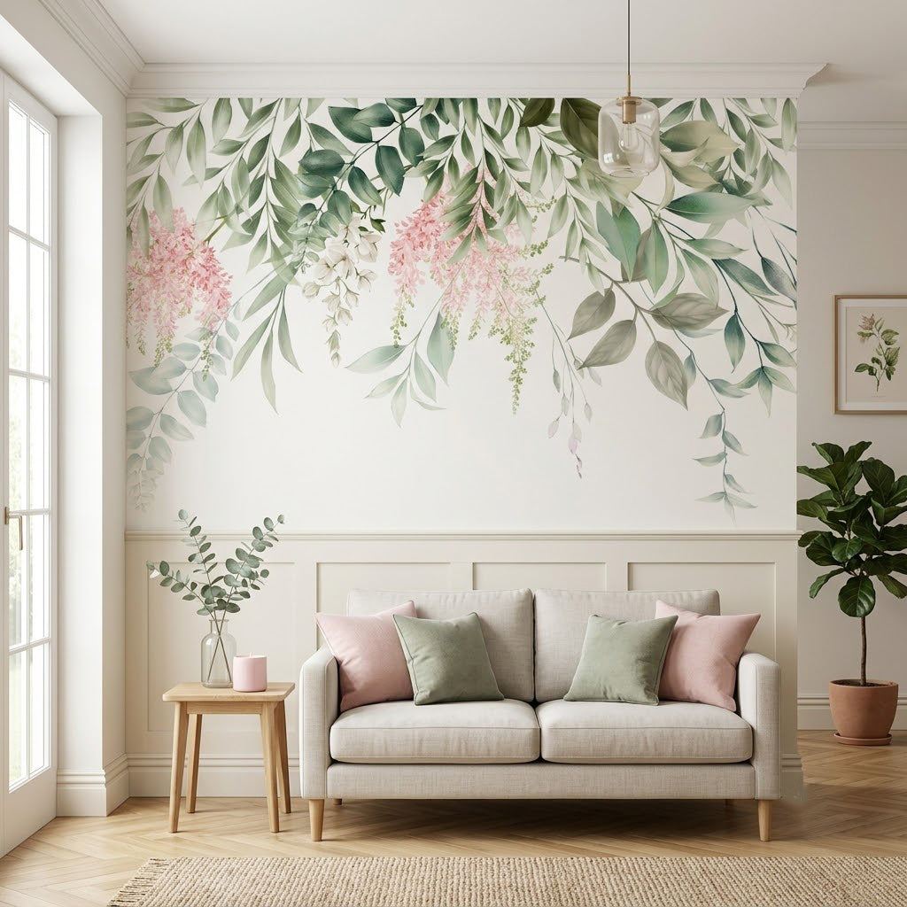 Okaliptüs Salkım Sarkan Botanik Soft Pastel Açık Yeşil Pembe Duvar Kağıdı