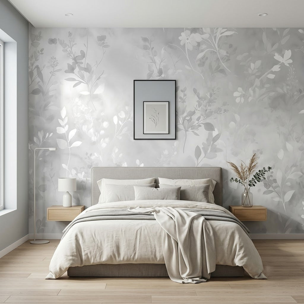 Botanik Pastel İnce Yaprak Çiçek Soft Gri Beyaz Duvar Kağıdı