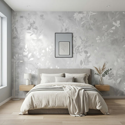 Botanik Pastel İnce Yaprak Çiçek Soft Gri Beyaz Duvar Kağıdı