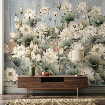 Lotus Çiçek Vintage Çin Suluboya Tarzı Botanik Soft Yeşil Mavi Duvar Kağıdı
