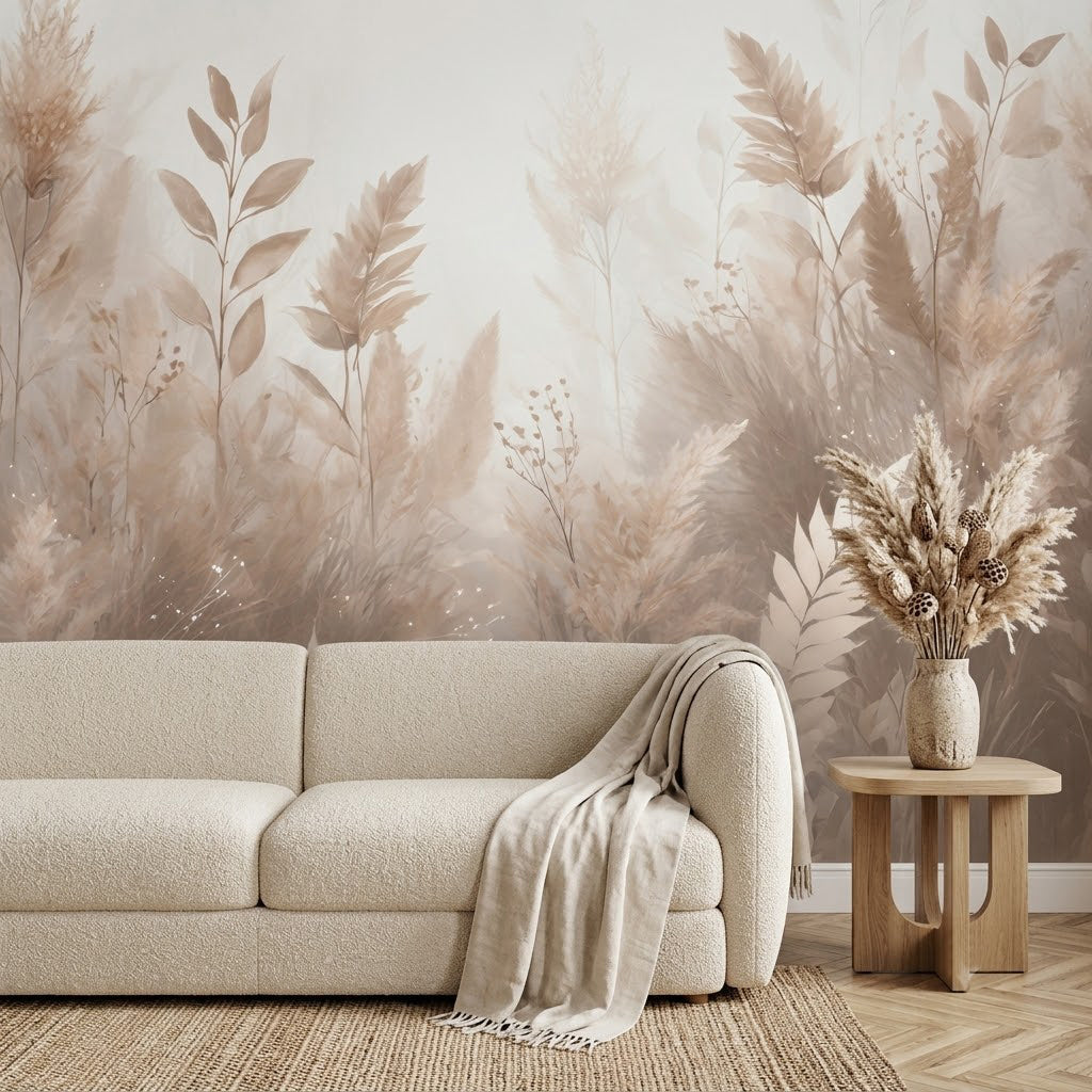 Pampas Otu Boho Pastel Kurutulmuş Yaprak Botanik Soft Bej Duvar Kağıdı