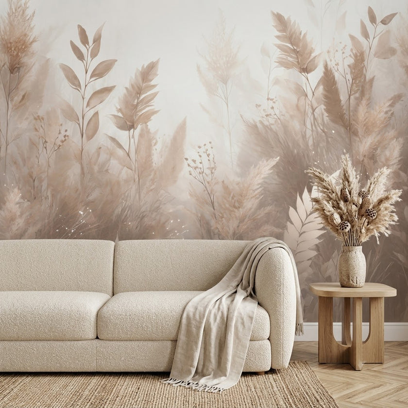 Pampas Otu Boho Pastel Kurutulmuş Yaprak Botanik Soft Bej Duvar Kağıdı