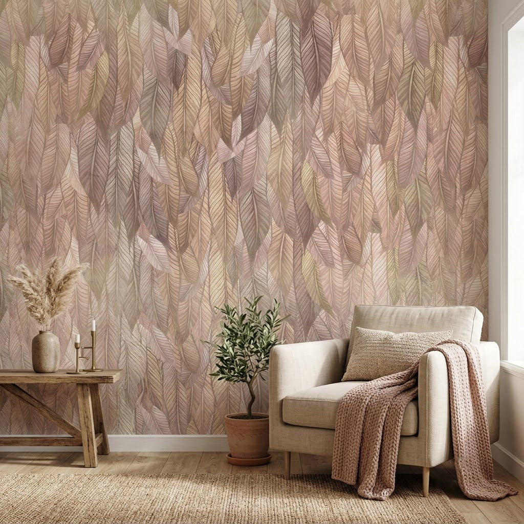 Tüy Yaprak Pastel Boho Kurutulmuş Desen Soft Bej Duvar Kağıdı