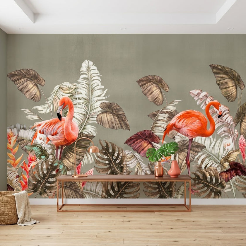 Tropikal Flamingo Ormanı Egzotik Kuş Yapraklar Yeşil Altın Duvar Kağıdı
