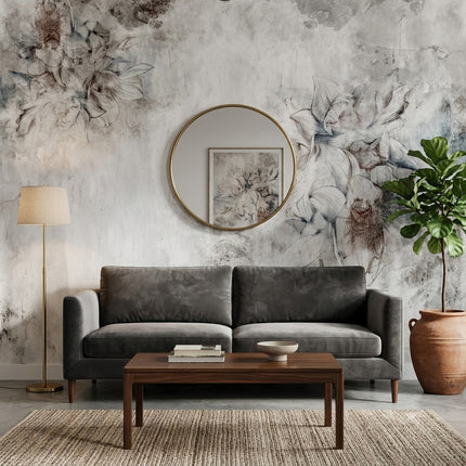 Lotus Çiçek Vintage Suluboya Botanik Gri Duvar Kağıdı