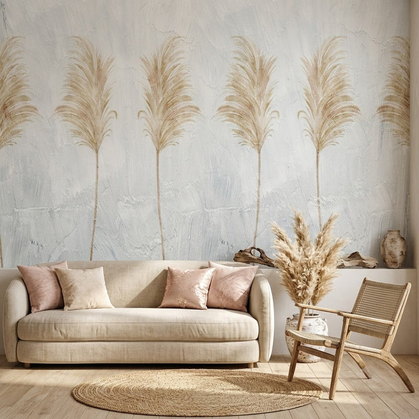 Pampas Otu Beyaz Boho Nötr Soft Bej Duvar Kağıdı