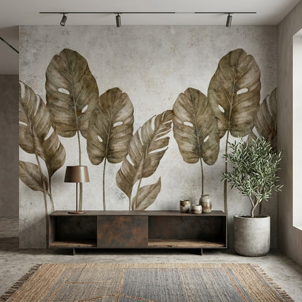 Sepya Monstera Yaprak Vintage Tropikal Botanik Duvar Görünümlü Gri Duvar Kağıdı