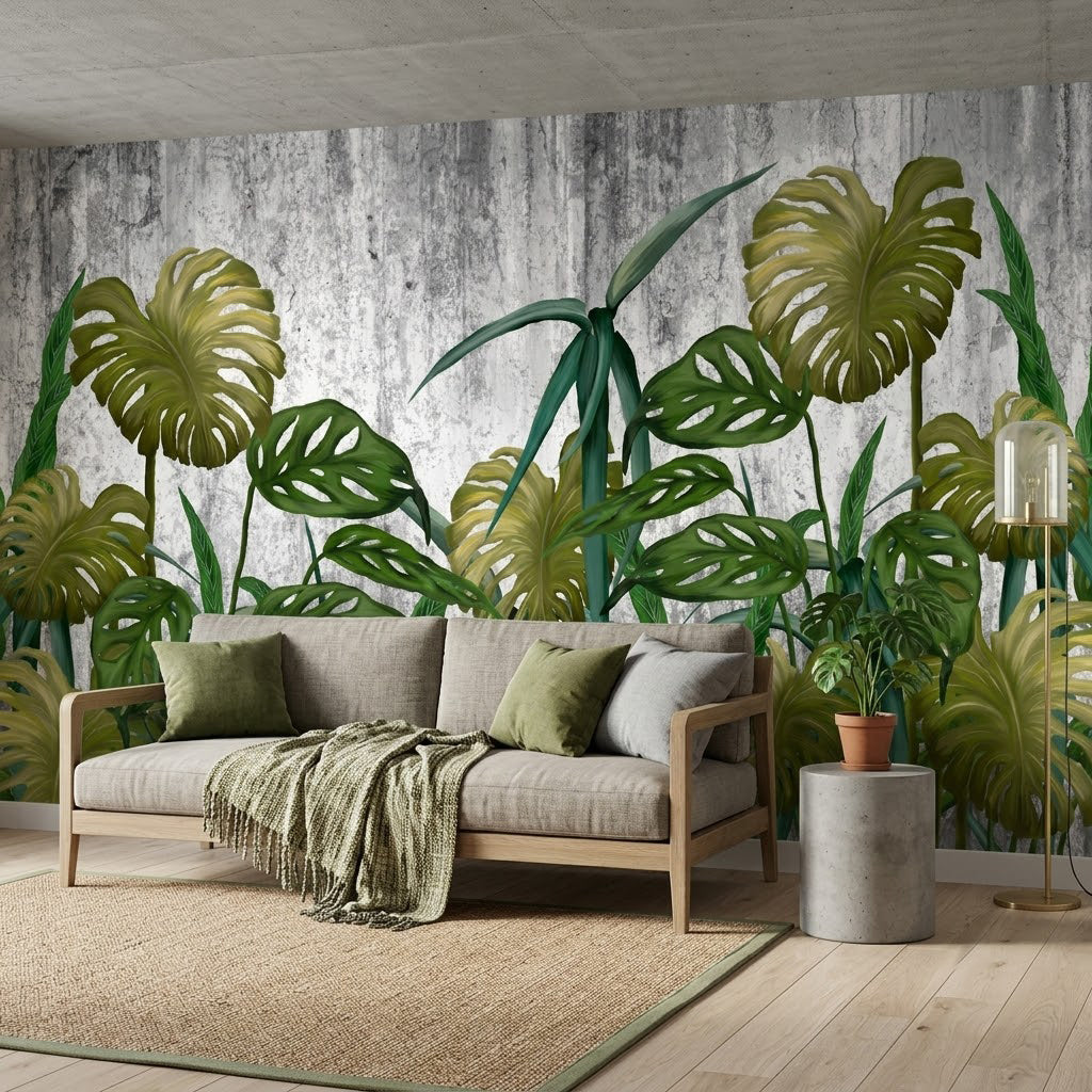 Monstera Ormanı Vintage Tropikal Yaprak Gri Duvar Görünümlü Yeşil Gri Duvar Kağıdı