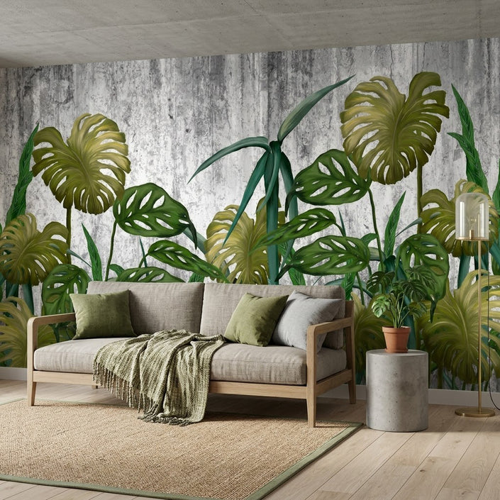 Monstera Ormanı Vintage Tropikal Yaprak Gri Duvar Görünümlü Yeşil Gri Duvar Kağıdı