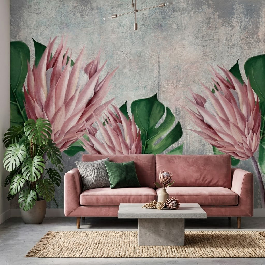 Protea Çiçek Soft Vintage Tropikal Botanik Pastel Pembe Gri Duvar Kağıdı