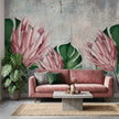 Protea Çiçek Soft Vintage Tropikal Botanik Pastel Pembe Gri Duvar Kağıdı