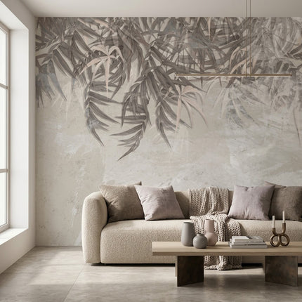 Bambu Yaprakları Nötr Minimalist Asya Yaprağı Soft Bej Duvar Kağıdı