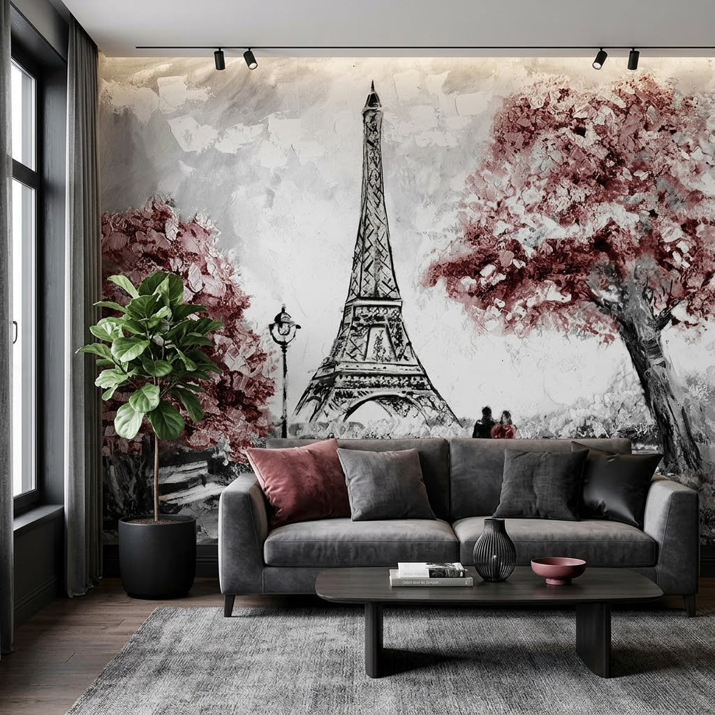 Romantik Kırmızı Eyfel Kulesi Paris Aşıkları Zarif Sonbahar Bordo Duvar Kağıdı