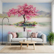 Sakura Kiraz Çiçeği Göl Yansıması Pastel Japon Stil Soft Pembe Duvar Kağıdı