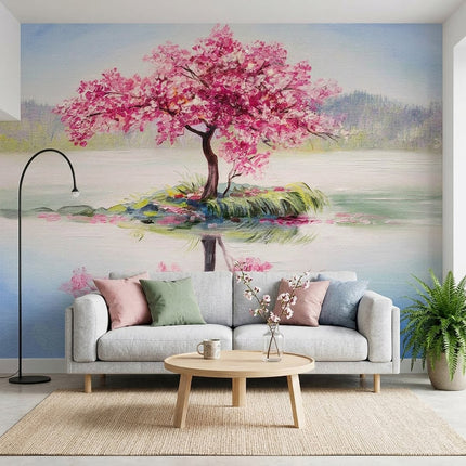 Sakura Kiraz Çiçeği Göl Yansıması Pastel Japon Stil Soft Pembe Duvar Kağıdı