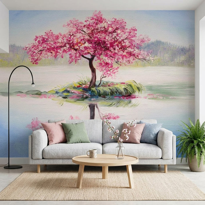 Sakura Kiraz Çiçeği Göl Yansıması Pastel Japon Stil Soft Pembe Duvar Kağıdı